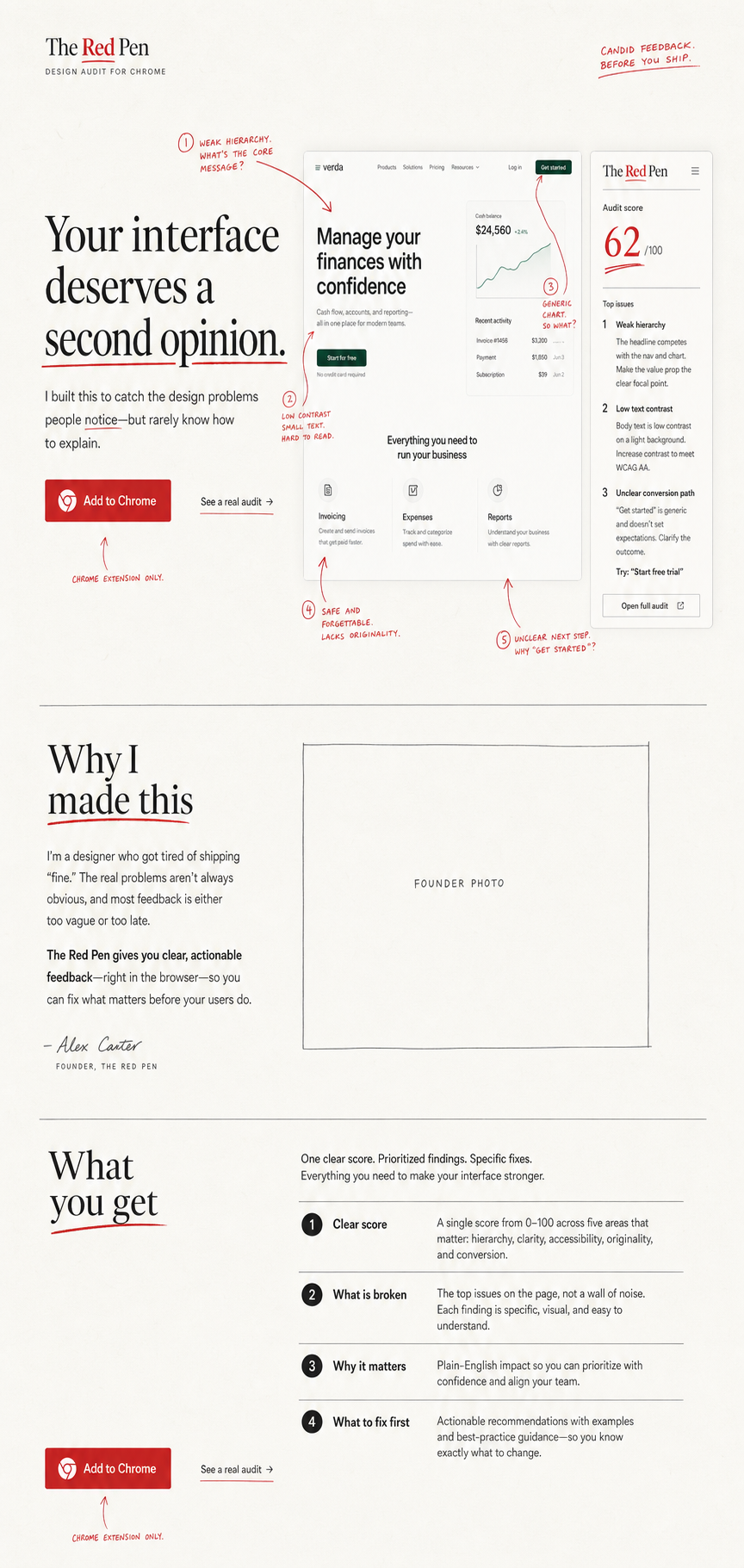 A website audit marked up in red beside the ReadPenn Chrome side panel